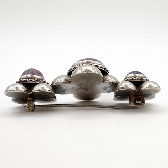 Early Vintage Mexican Sterling Silver Triple Amethyst Brooch Marked MR Mexico - Picture 10 of 12